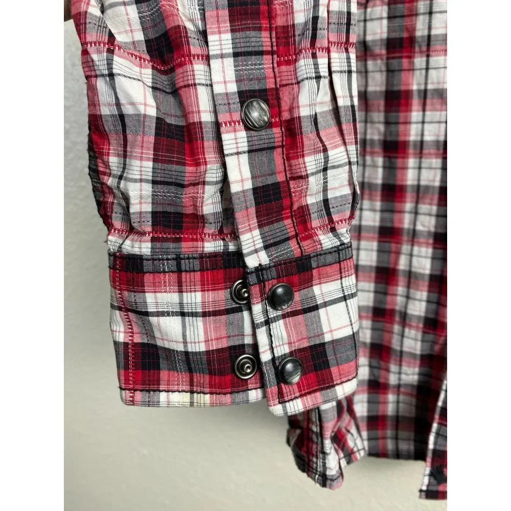 Cody James Mens Pearl Snap Shirt size Medium Plaid‎ Western Rodeo Ranch Red Gray
